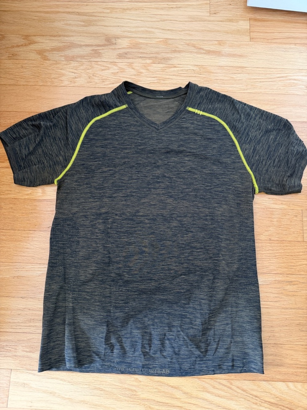 lululemon athletica Charcoal Heather Short Sleeve V-Neck with Lime Piping